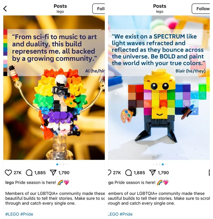 Two lego figures created with rainbow colored blocks to celebrate pride. These have been posted on Lego's instagram alongside a quote from the creator