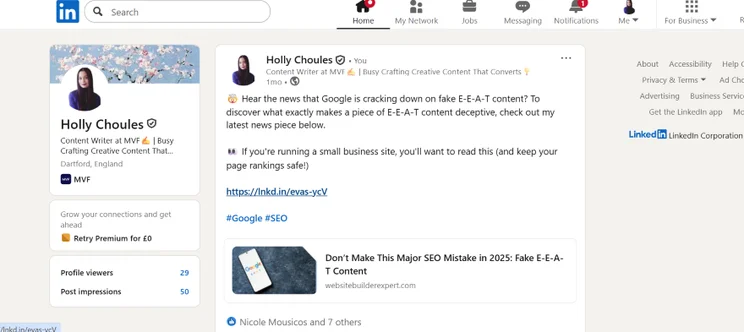 LinkedIn post by Holly Choules, a content writer, sharing insights on Google's E-E-A-T content policies with a link to an article.