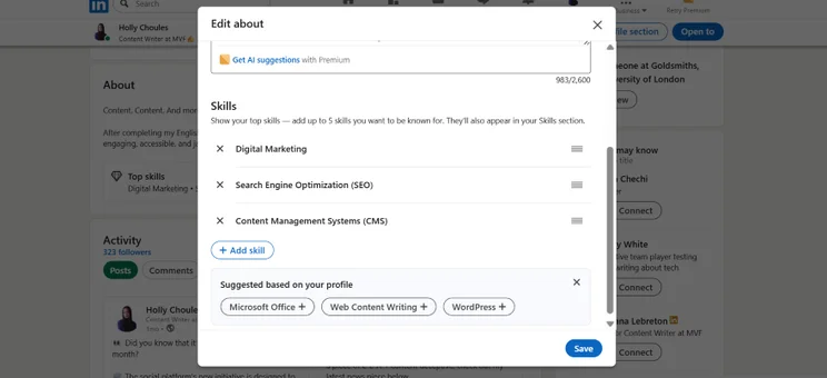 Screenshot of a LinkedIn profile editing section, showcasing skills like Digital Marketing and SEO, with suggestions for additional skills.