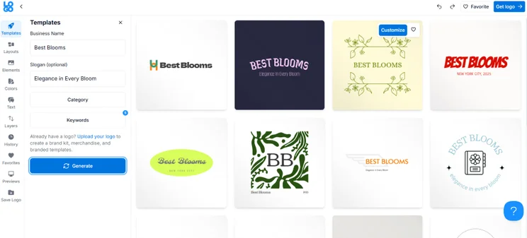 Screenshot of logo design tool interface showcasing various logo templates for "Best Blooms" with customizable options displayed.