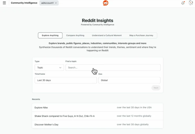 Reddit Insights Explore anything tab with a search bar and filter options
