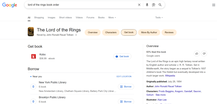 Retiring Get Book Snippet Search results for "The Lord of the Rings" book order, displaying options to buy and borrow the novel by J.R.R. Tolkien.