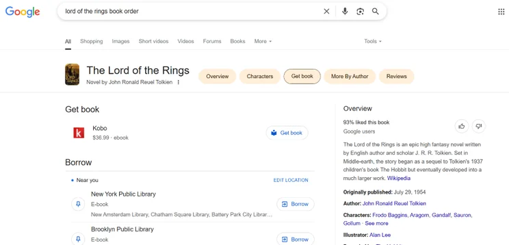 Search results for "The Lord of the Rings" book order, displaying options to buy and borrow the novel by J.R.R. Tolkien.