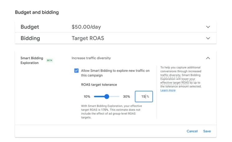 Screenshot of Smart Bidding Exploration with an option to increase or decrease target ROAS