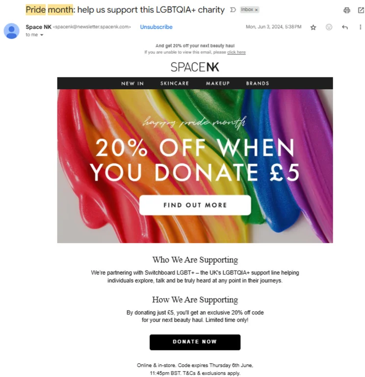 Email newsletter with large rainbow featured image with the text "20% off when you donate $5"
