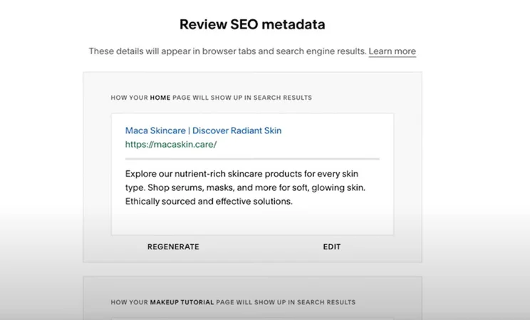 Squarespace AI meta data recommendation preview showing how it would appear in google