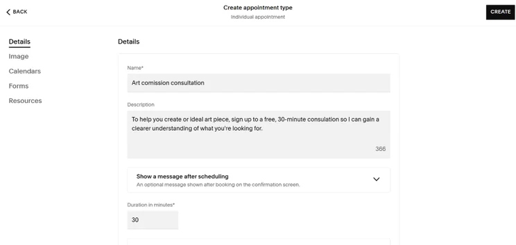 A form to create an individual art commission consultation appointment, detailing duration and description options.