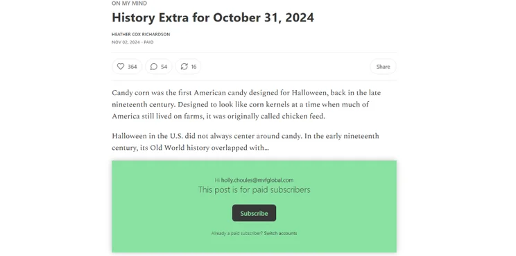 Article titled "History Extra for October 31, 2024" discussing candy corn's origins and Halloween's historical context, presented by Heather Cox Richardson.