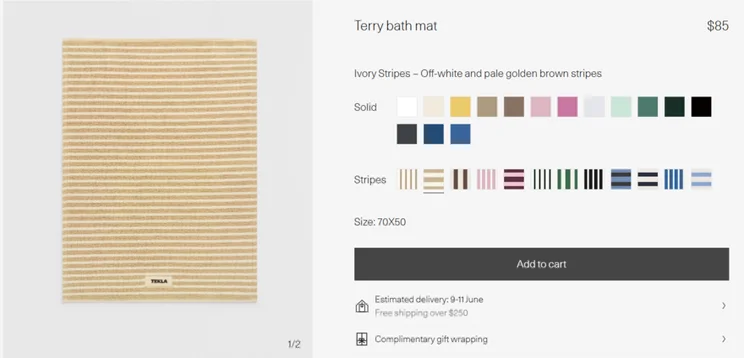 Tekla bath mat product page with different color variants to toggle between