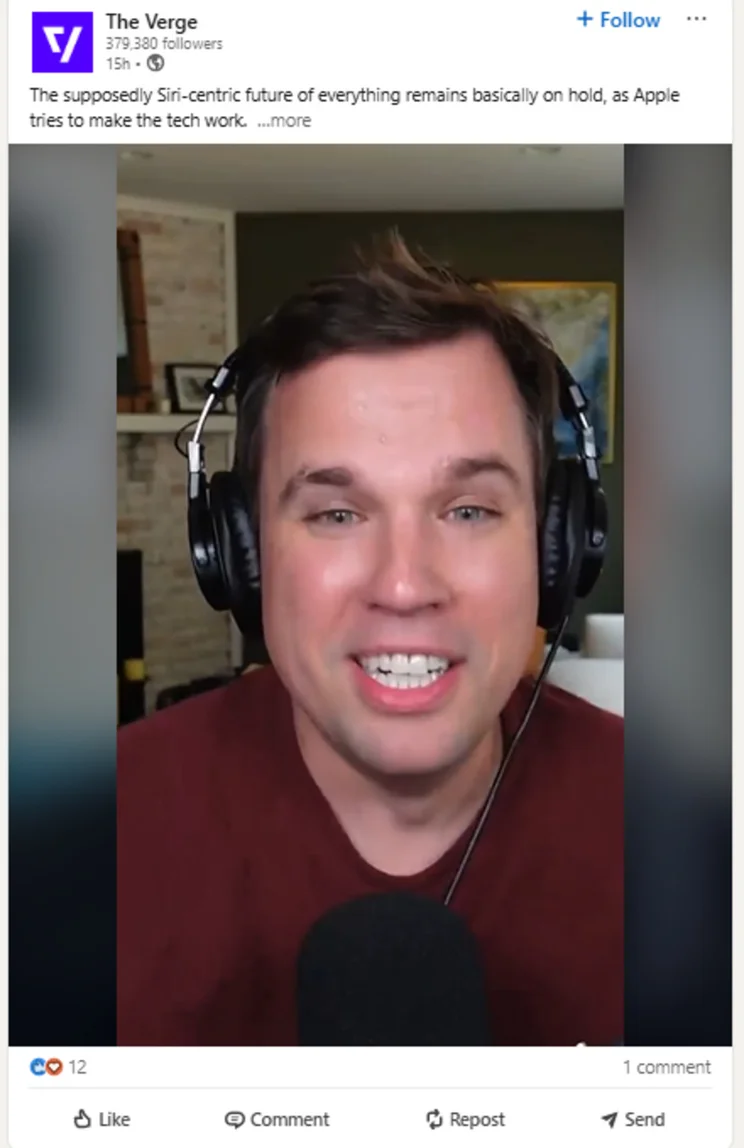 screenshot from the Verge's video post showing a man speaking with headphones on
