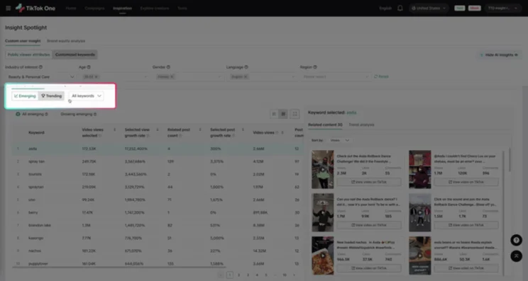 insights spotlight dashboard with a highlighted block over the toggle between emerging and existing trends