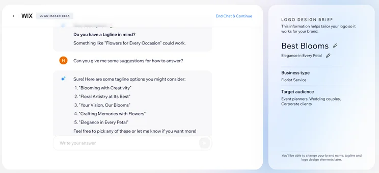 A chat interface displaying tagline suggestions for a floral service named "Best Blooms" and its target audience.