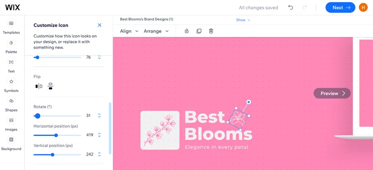 A Wix design interface showing customization options for a floral logo labeled "Best Blooms" on a pink background.