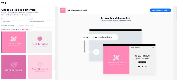 Logo customization interface on Wix, showcasing options for "Best Blooms" with a floral design and a website preview.