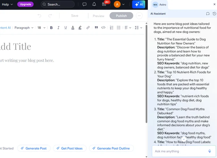 Wix's top suggestions for topic ideas in a narrow sidebar to the left of the blank blog post page