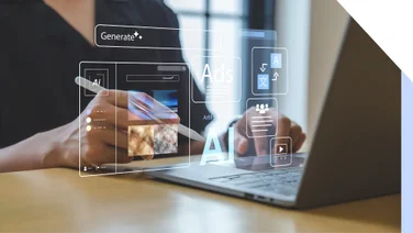 A person's hands using a computer with a graphic overlay that says "AI" and "generate"