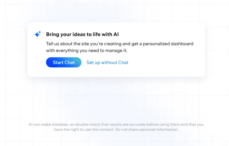 Wix's AI chatbot to build a website, offering options to start chat or set up without chat