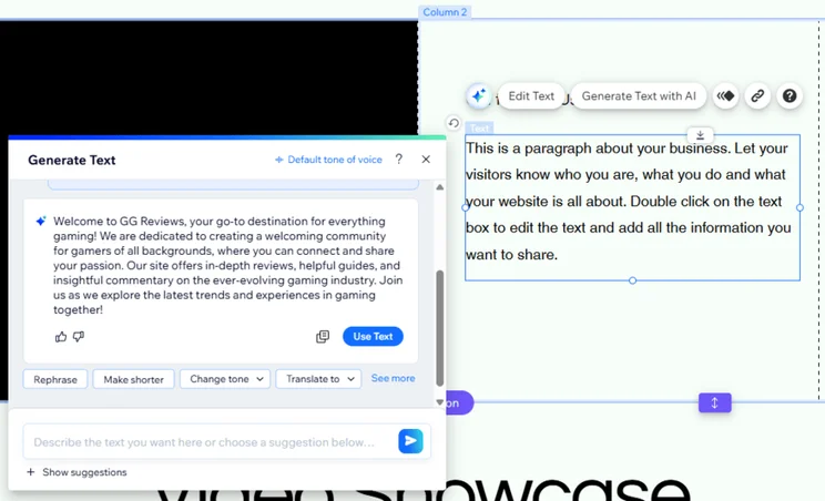 Wix's AI text creator generating "About us" content for a site