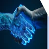 Human hand shaking a glowing blue hand to symbolize technology and AI