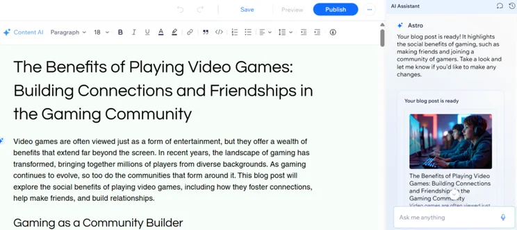 Blog post about benefits of video games generated by Wix Astro