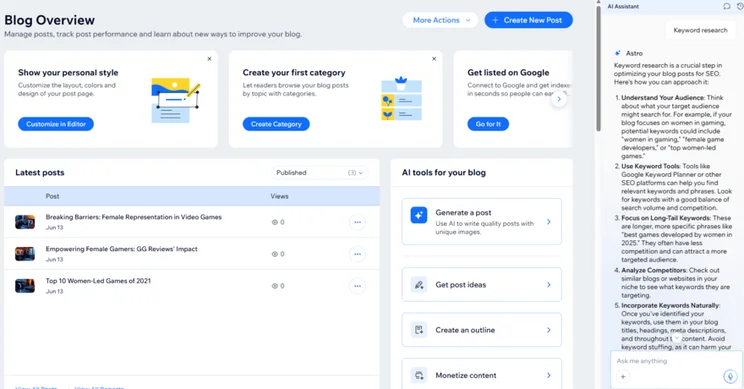 Wix Astro providing keyword research tips for my Wix blog