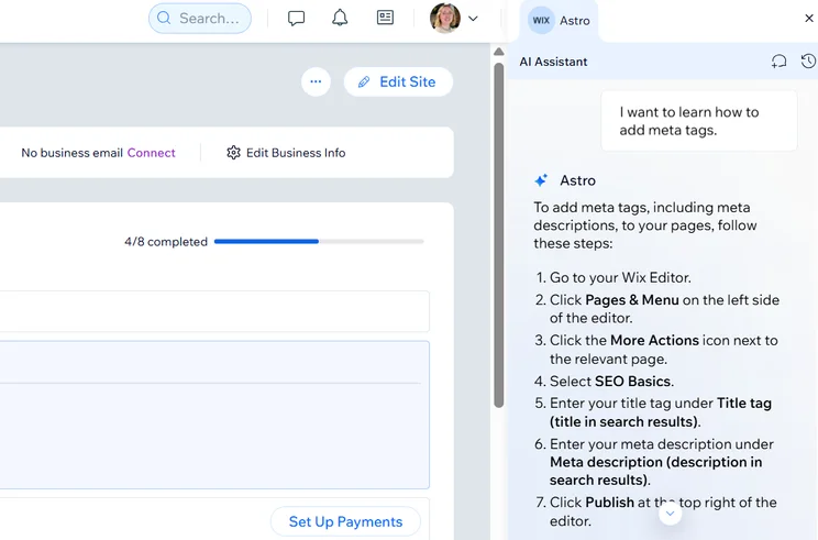 Wix Astro assistant in the dashboard, sharing advice on adding meta tags