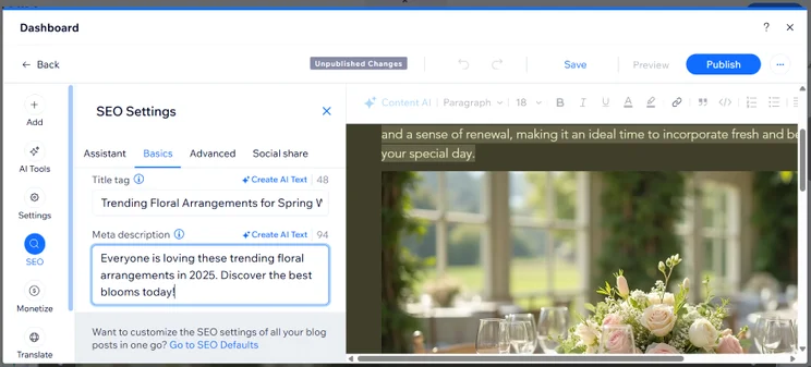The Wix Website editor showcasing SEO settings such as AI generating meta data
