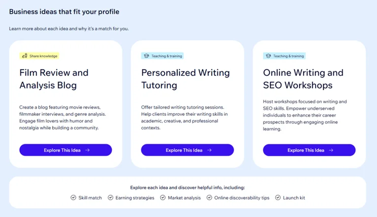 Wix Business Launcher presenting 3 ideas