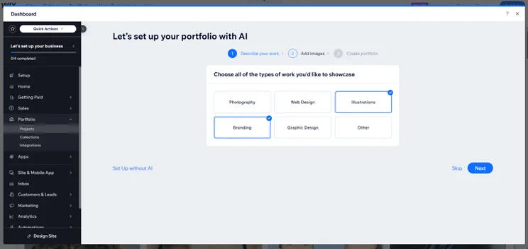 Dashboard interface for setting up a portfolio with options for various work types including photography and graphic design.