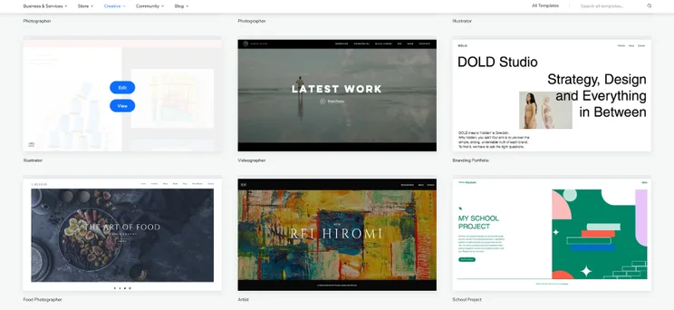 A grid layout showcasing various creative portfolio templates for photographers, illustrators, videographers, and artists.