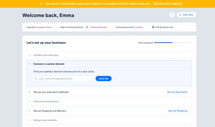 Wix website builder setup checklist with reminder to upgrade if you want to accept payments
