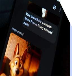 A smartphone screen displaying an AI-generated image of a dog with a prompt to make it resemble a Pixar or Disney character.
