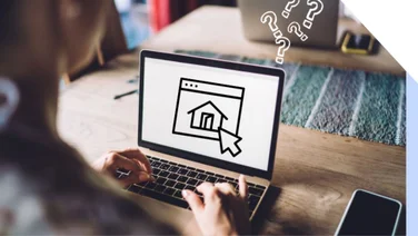 A person types on a laptop, displaying a home icon on the screen, surrounded by question marks, suggesting confusion or inquiry.
