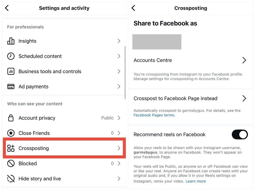 Crossposting Settings Instagram Red box highlighting the @Crossposting@ tab in Instagram's settings