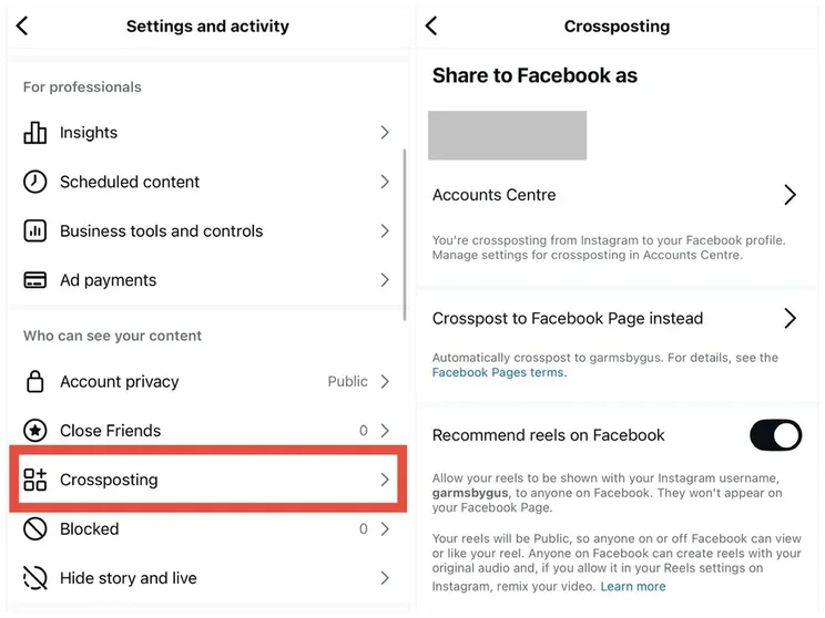 Red box highlighting the @Crossposting@ tab in Instagram's settings