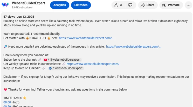 YouTube video description from Website Builder Expert video using emojis at the start of new lines of text