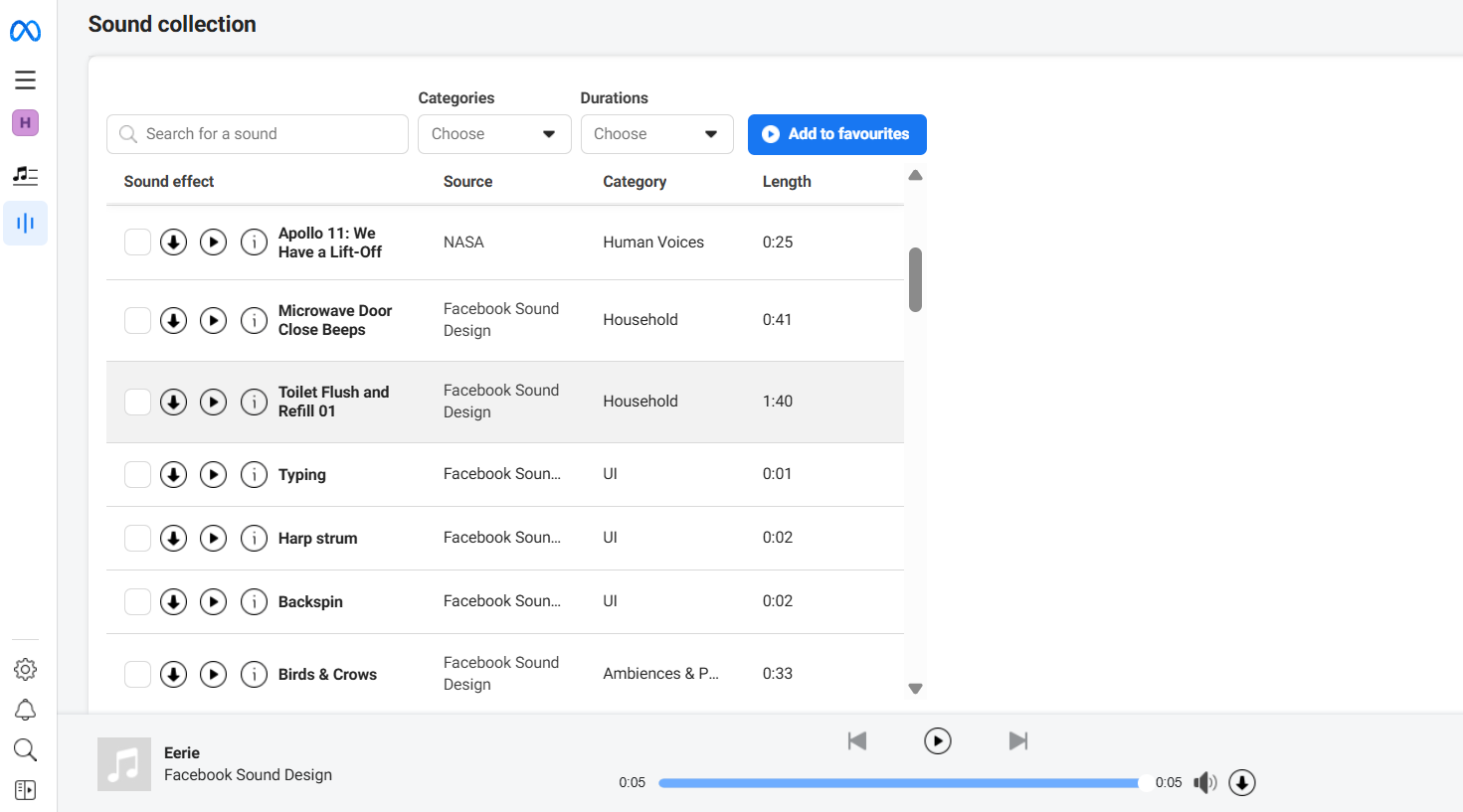 Screenshot of a sound collection interface displaying various sound effects, their sources, categories, and lengths.
