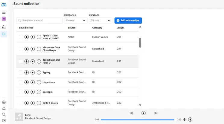 Screenshot of a sound collection interface displaying various sound effects, their sources, categories, and lengths.