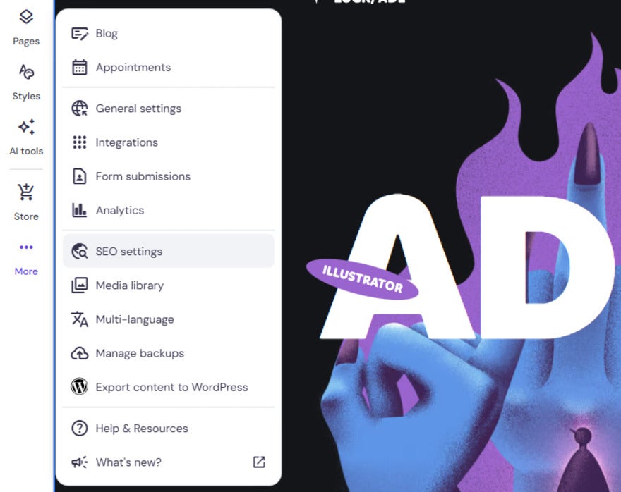 Finding Hostinger SEO Settings Sidebar menu with options like blog, appointments, and SEO settings on the left. On the right, stylized blue hand with purple nails holding "AD" text.