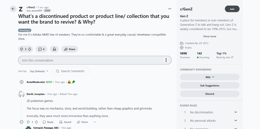 Gen Z Subreddit Discussion A Reddit post from r/GenZ discussing discontinued products users wish brands would revive, featuring comments on nostalgic items.