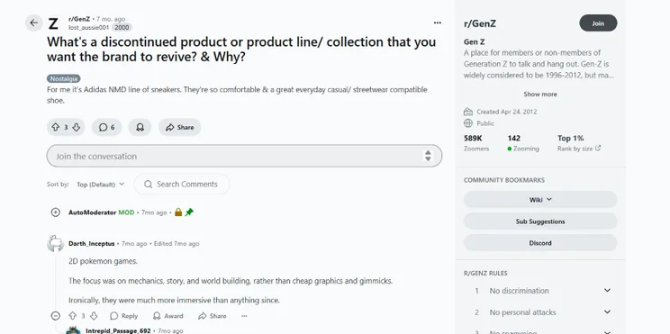 A Reddit post from r/GenZ discussing discontinued products users wish brands would revive, featuring comments on nostalgic items.