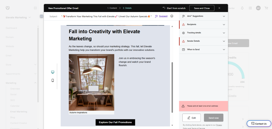 GoDaddy AI Generated Email Template A promotional email draft inviting users to explore autumn marketing strategies, featuring a cozy workspace image and an "Explore Our Fall Promotions" button.