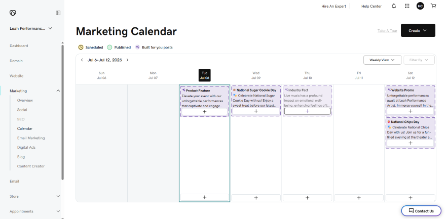 GoDaddy Marketing Calendar Performance Artist A screenshot of a marketing calendar for July 6-12, 2025, showcasing scheduled events and promotional activities.