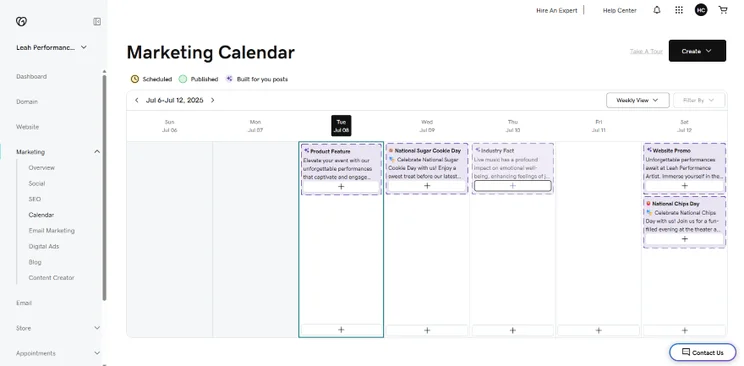 A screenshot of a marketing calendar for July 6-12, 2025, showcasing scheduled events and promotional activities.