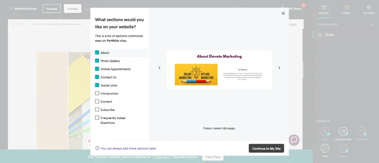 Popup menu displaying sections options for a website builder, featuring "About Elevate Marketing" with colorful visuals for online and offline marketing.