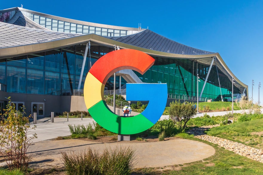 Large statue of Google logo outside Google Office