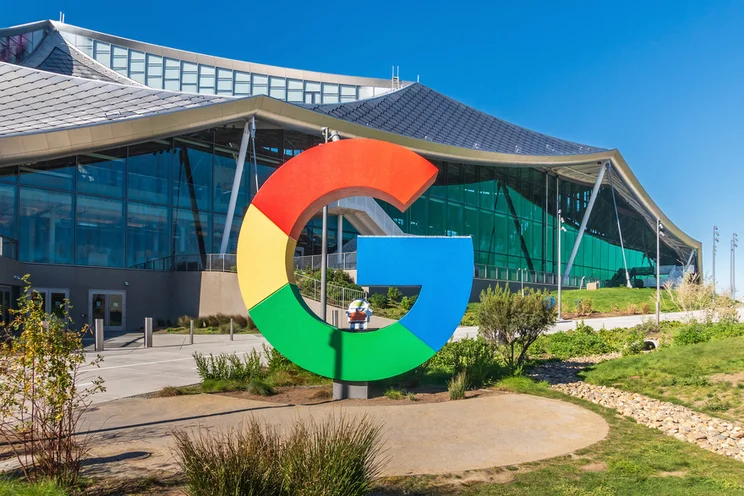 Large statue of Google logo outside Google Office
