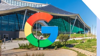 Large statue of Google logo outside Google Office