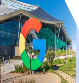 Large statue of Google logo outside Google Office