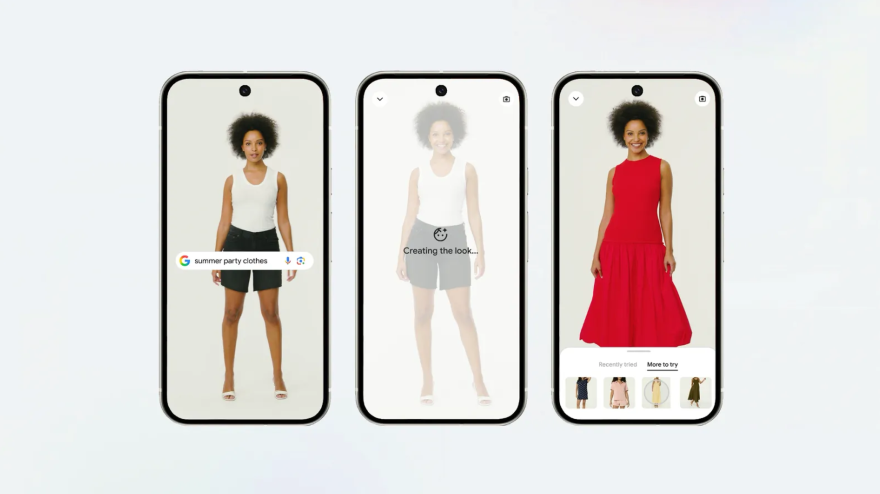 Google Try On Tool Three smartphones display virtual outfit try-ons featuring a mix of casual and party attire, with options suggested at the bottom.